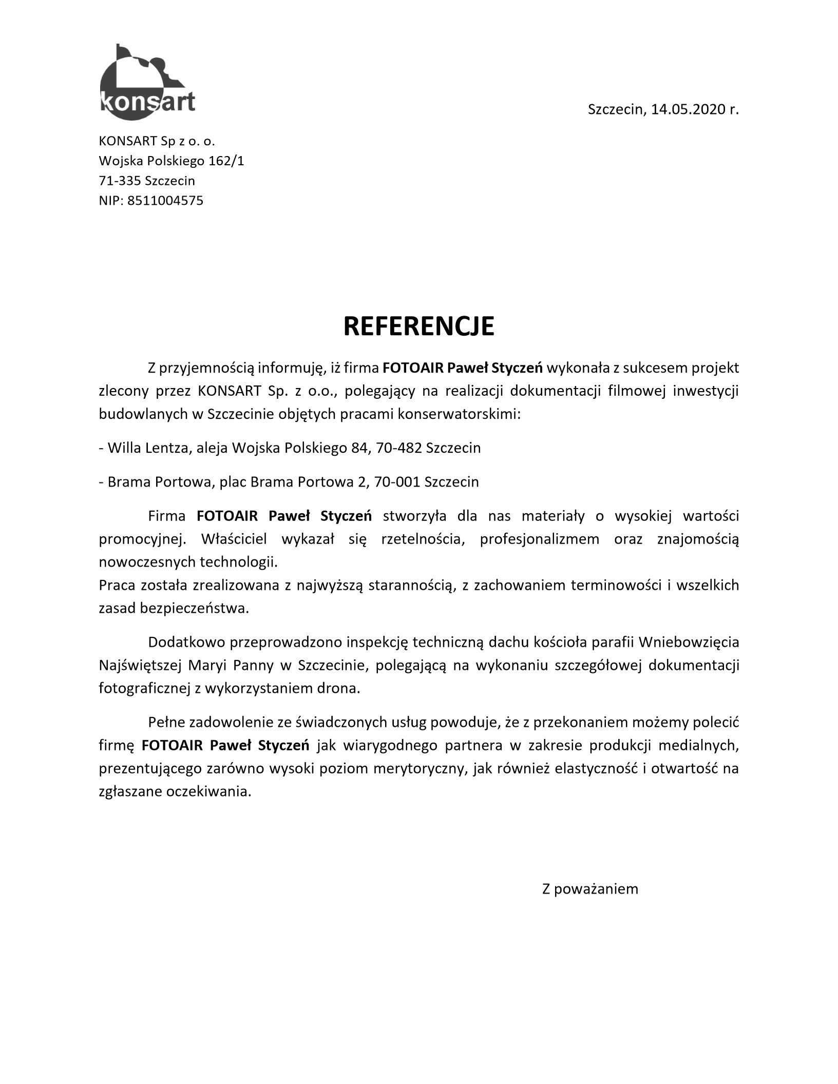 List referencyjny — KONSART Sp. z o.o.