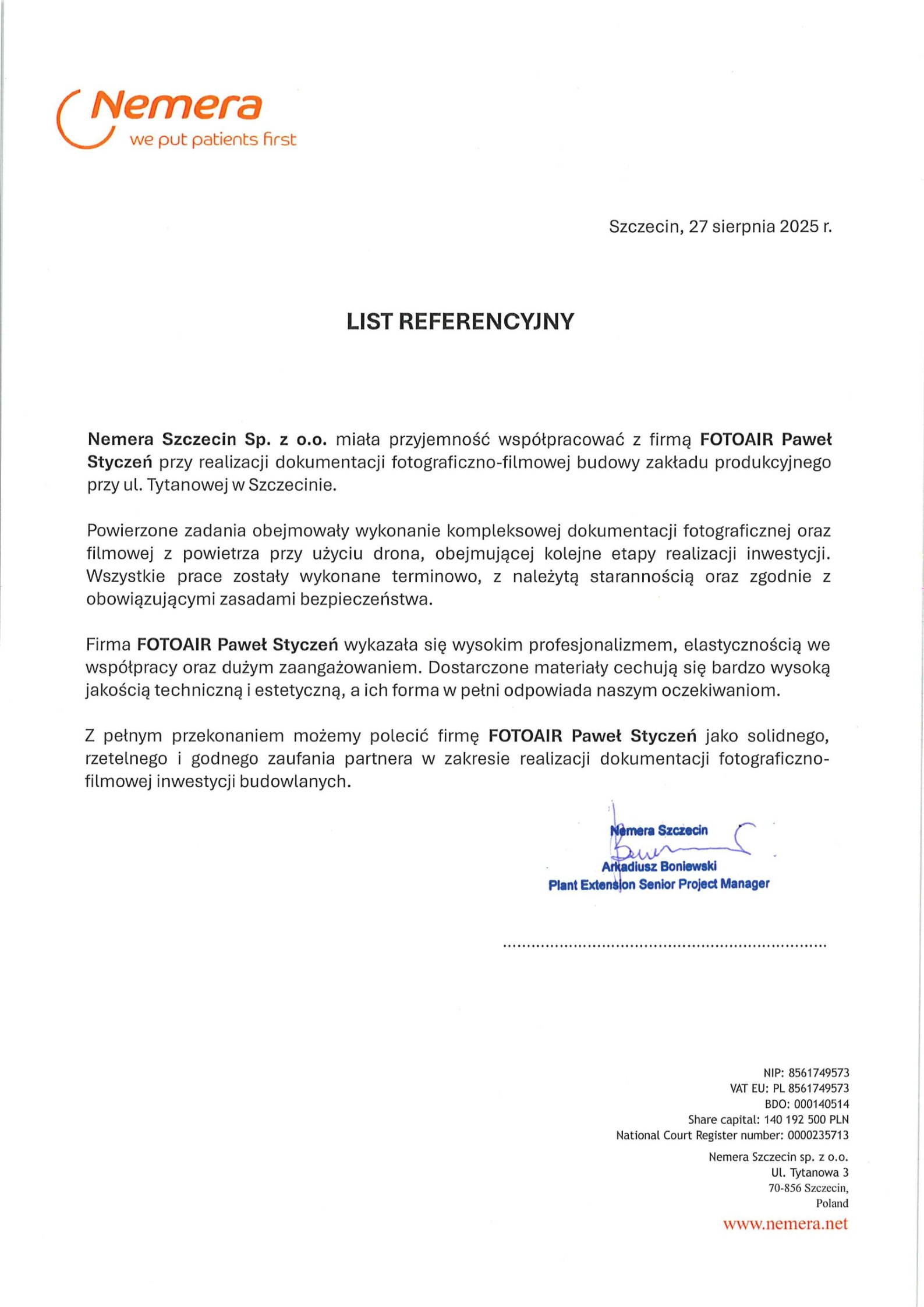 List referencyjny — Nemera Szczecin Sp. z o.o.