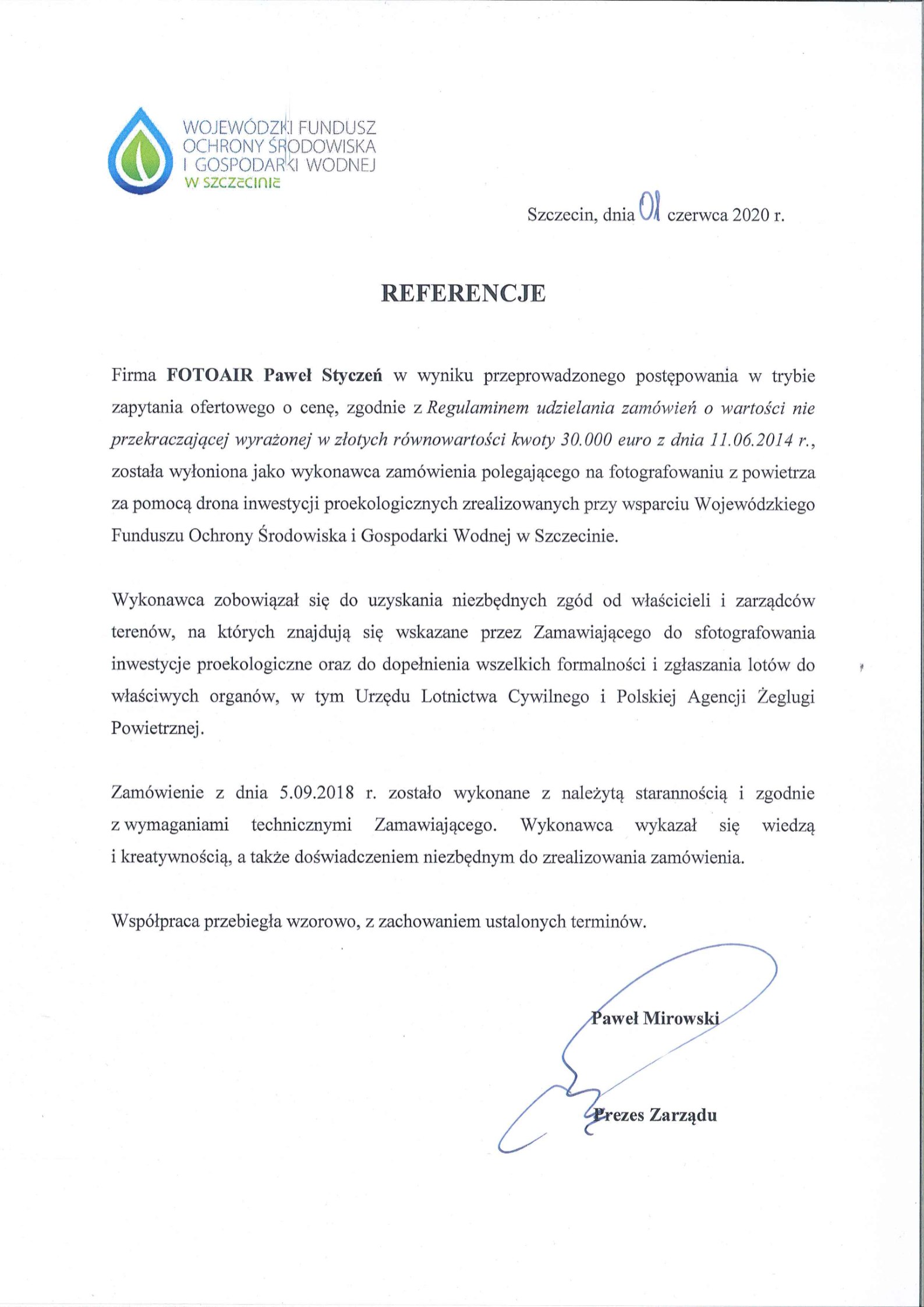 Referencje — Wojewódzki Fundusz Ochrony Środowiska i Gospodarki Wodnej w Szczecinie